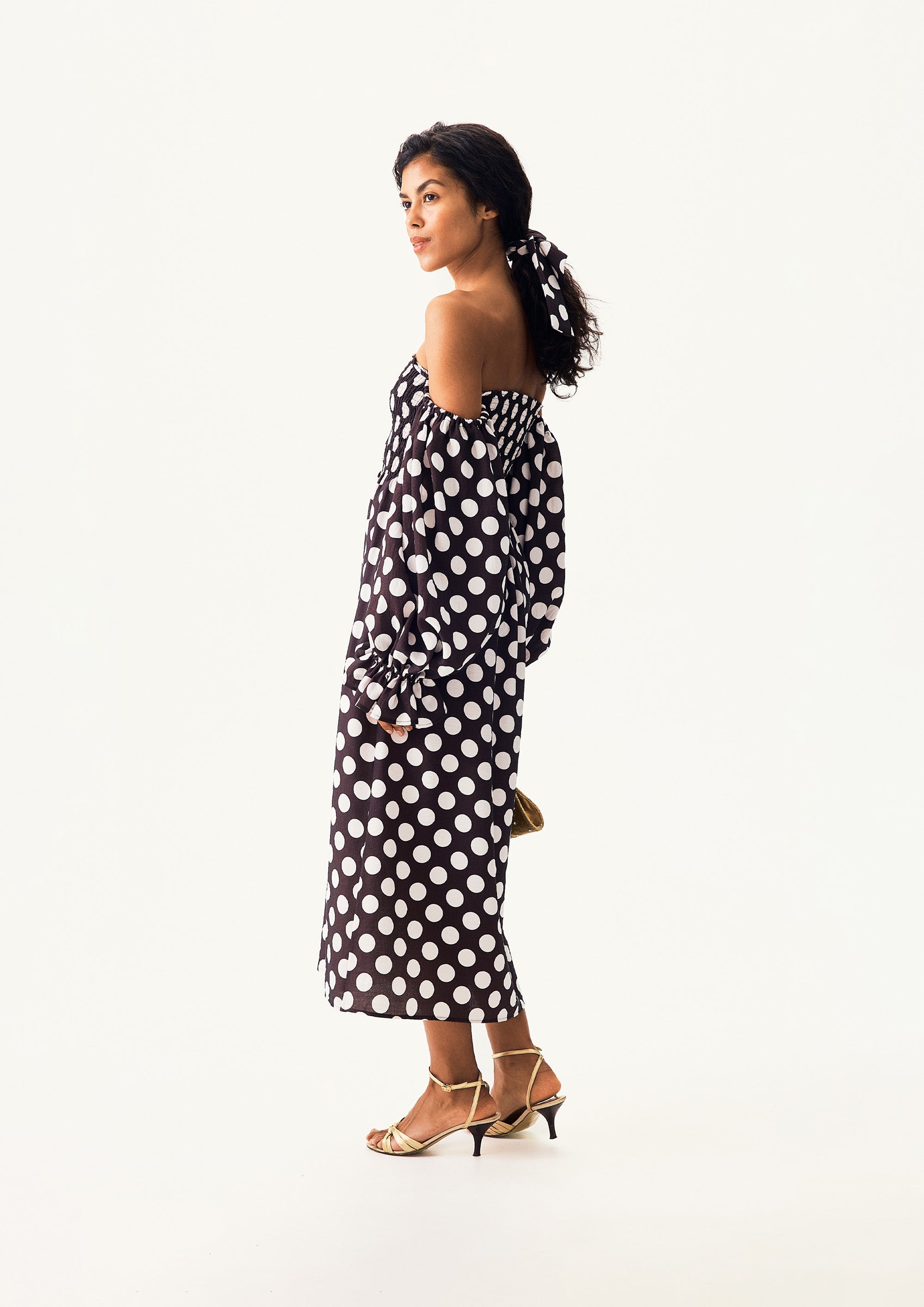 Atlanta Dress with Hair Ribbon in Black and white polka dot