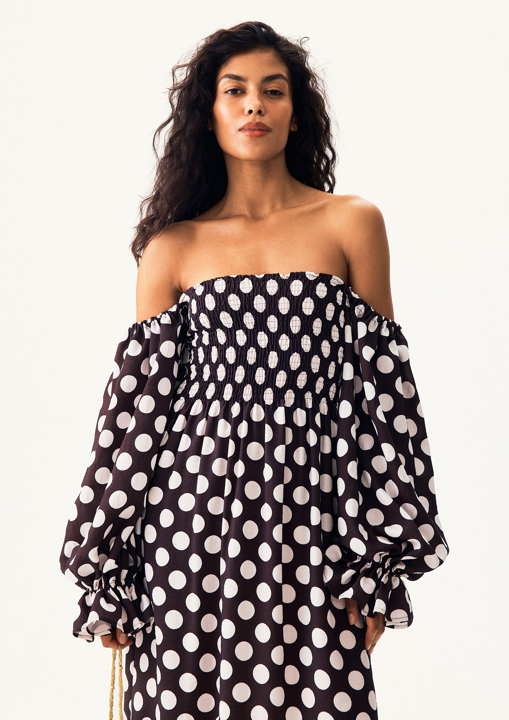 Atlanta Dress with Hair Ribbon in Black and white polka dot