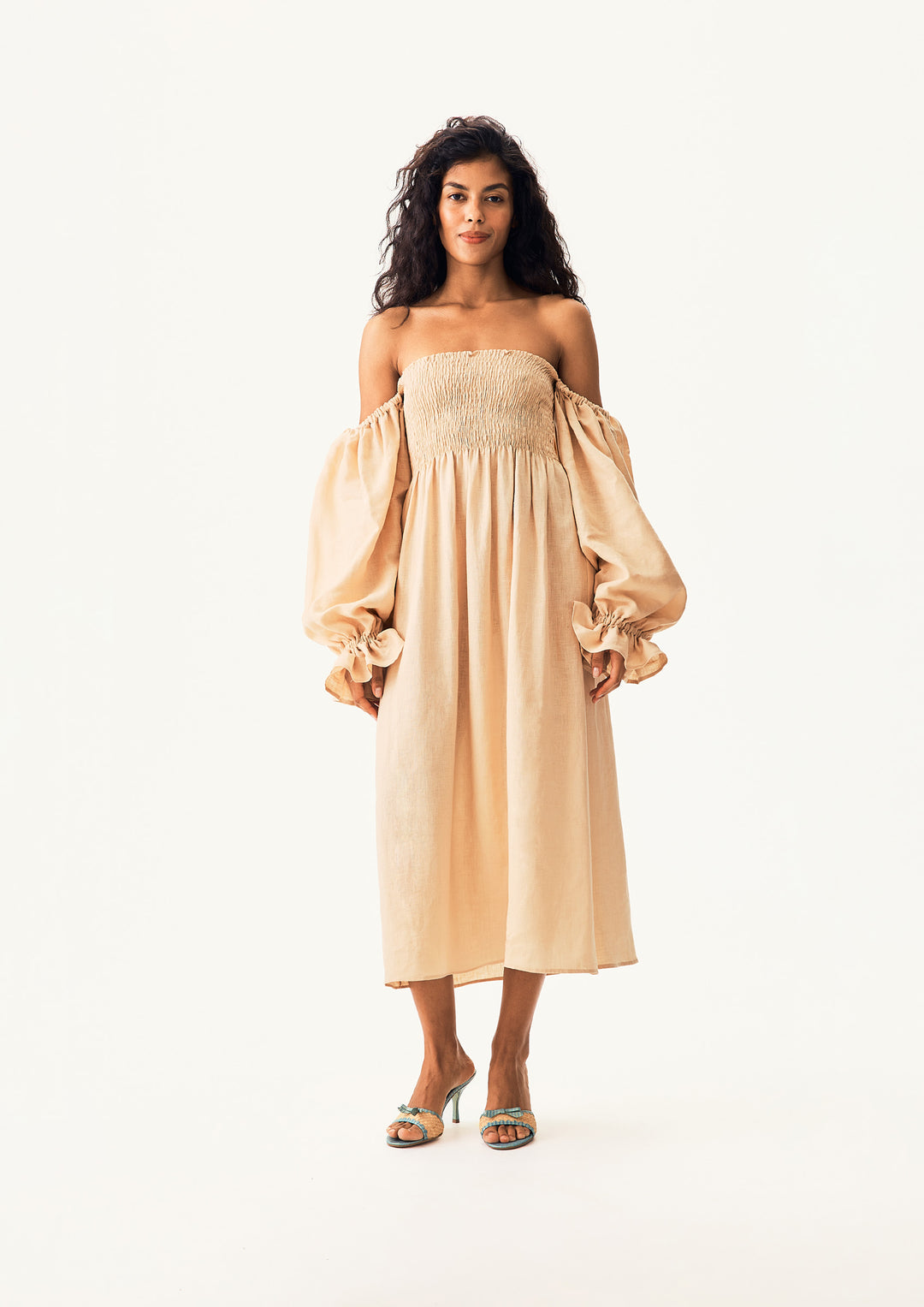 Atlanta Linen Dress with Hair Ribbon in Beige