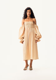 Atlanta Linen Dress with Hair Ribbon in Beige