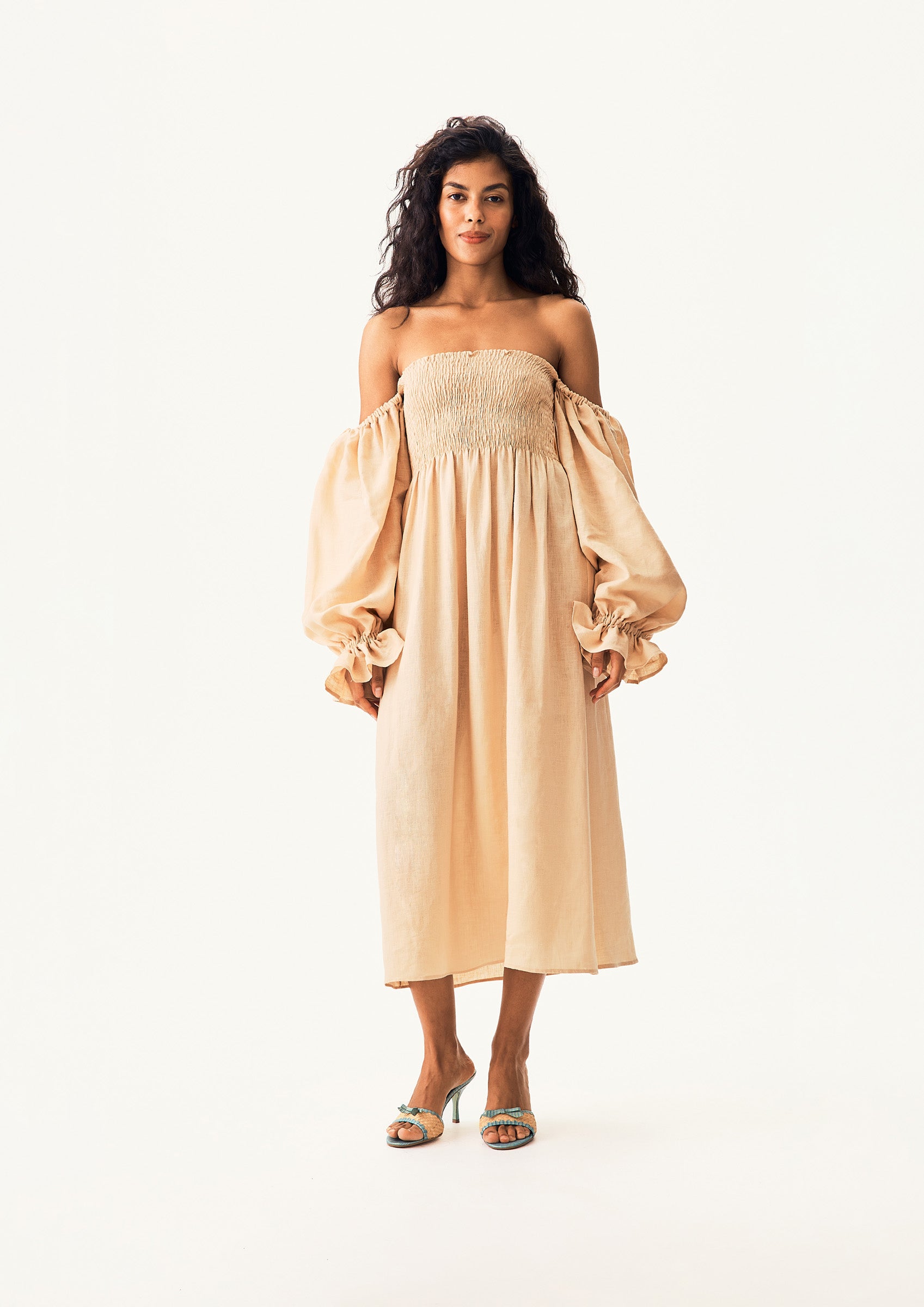 Atlanta Linen Dress with Hair Ribbon in Beige
