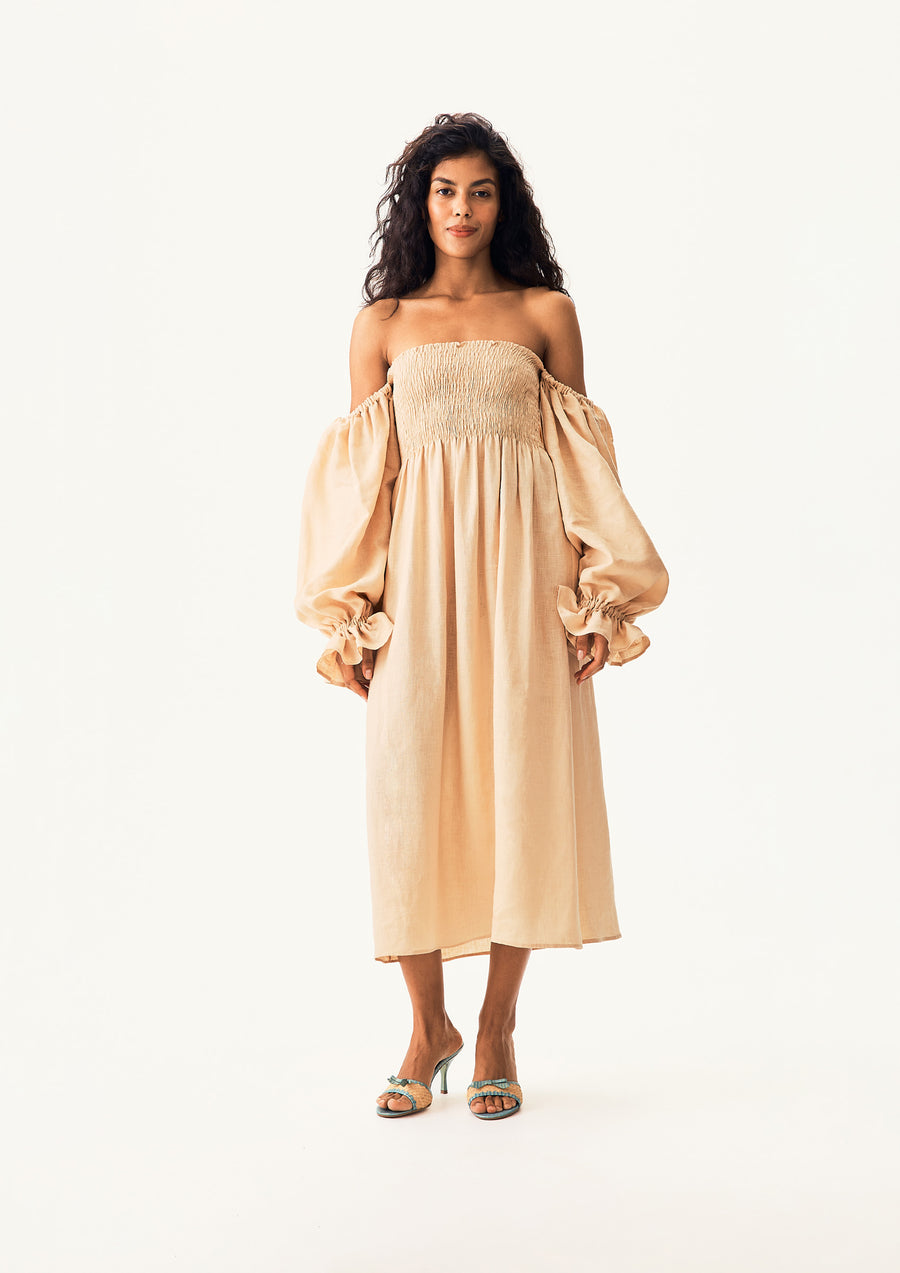 Atlanta Linen Dress with Hair Ribbon in Beige