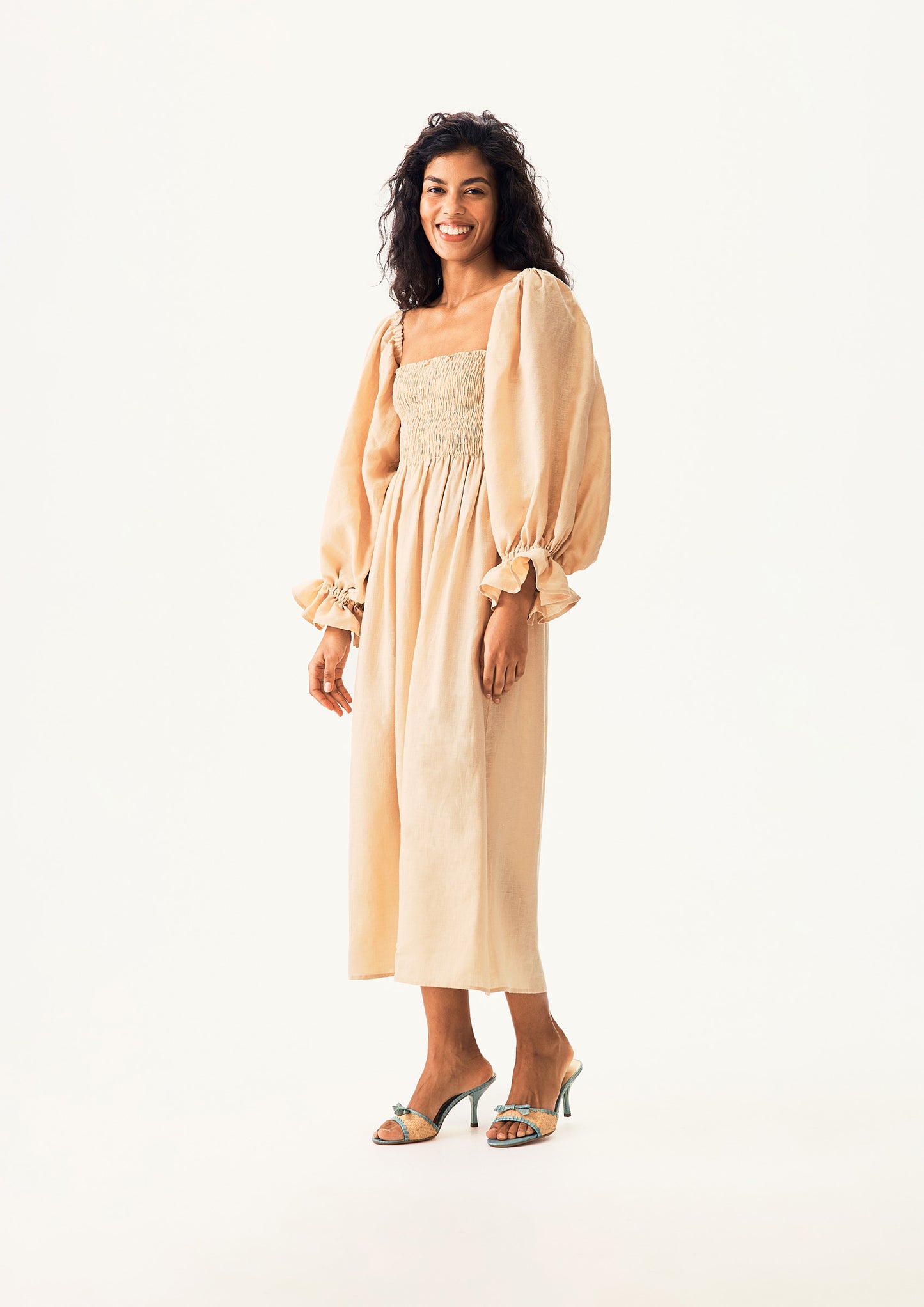 Atlanta Linen Dress with Hair Ribbon in Beige