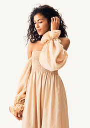 Atlanta Linen Dress with Hair Ribbon in Beige