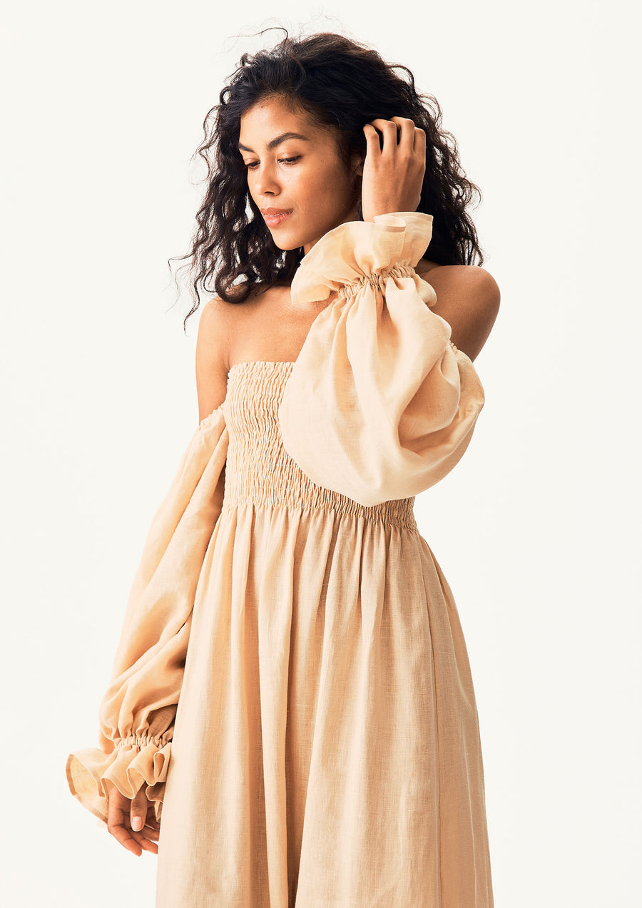 Atlanta Linen Dress with Hair Ribbon in Beige