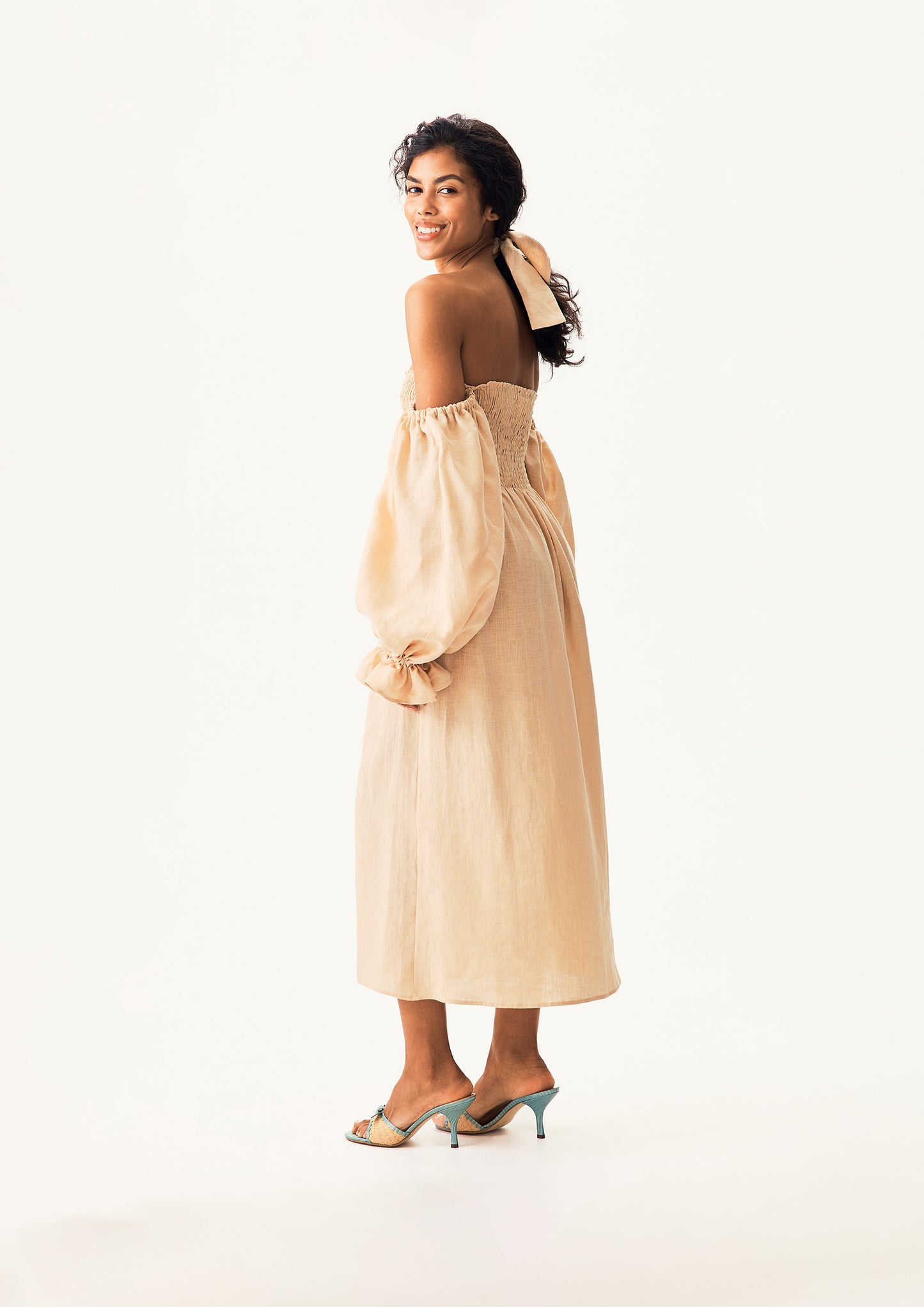 Atlanta Linen Dress with Hair Ribbon in Beige