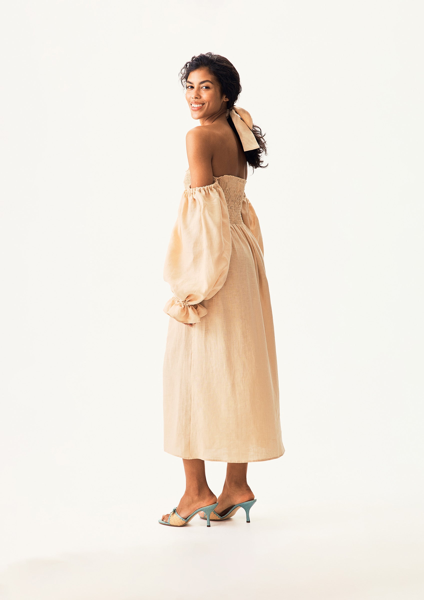 Atlanta Linen Dress with Hair Ribbon in Beige