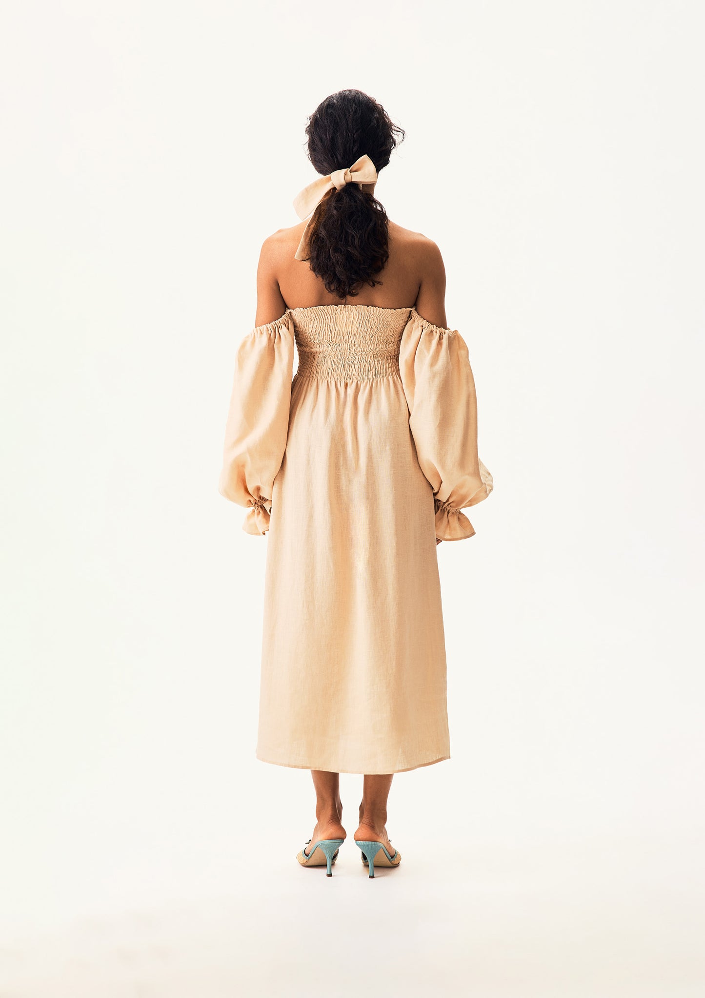 Atlanta Linen Dress with Hair Ribbon in Beige
