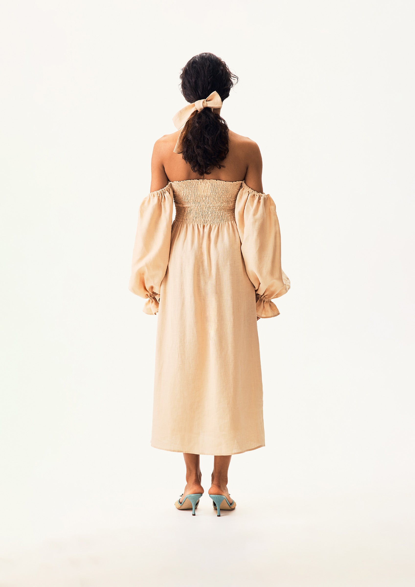 Atlanta Linen Dress with Hair Ribbon in Beige