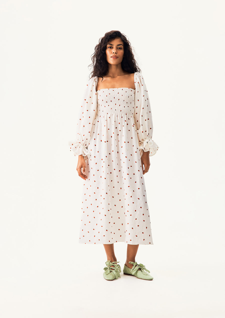 Atlanta Linen Dress with Hair Ribbon in Strawberries