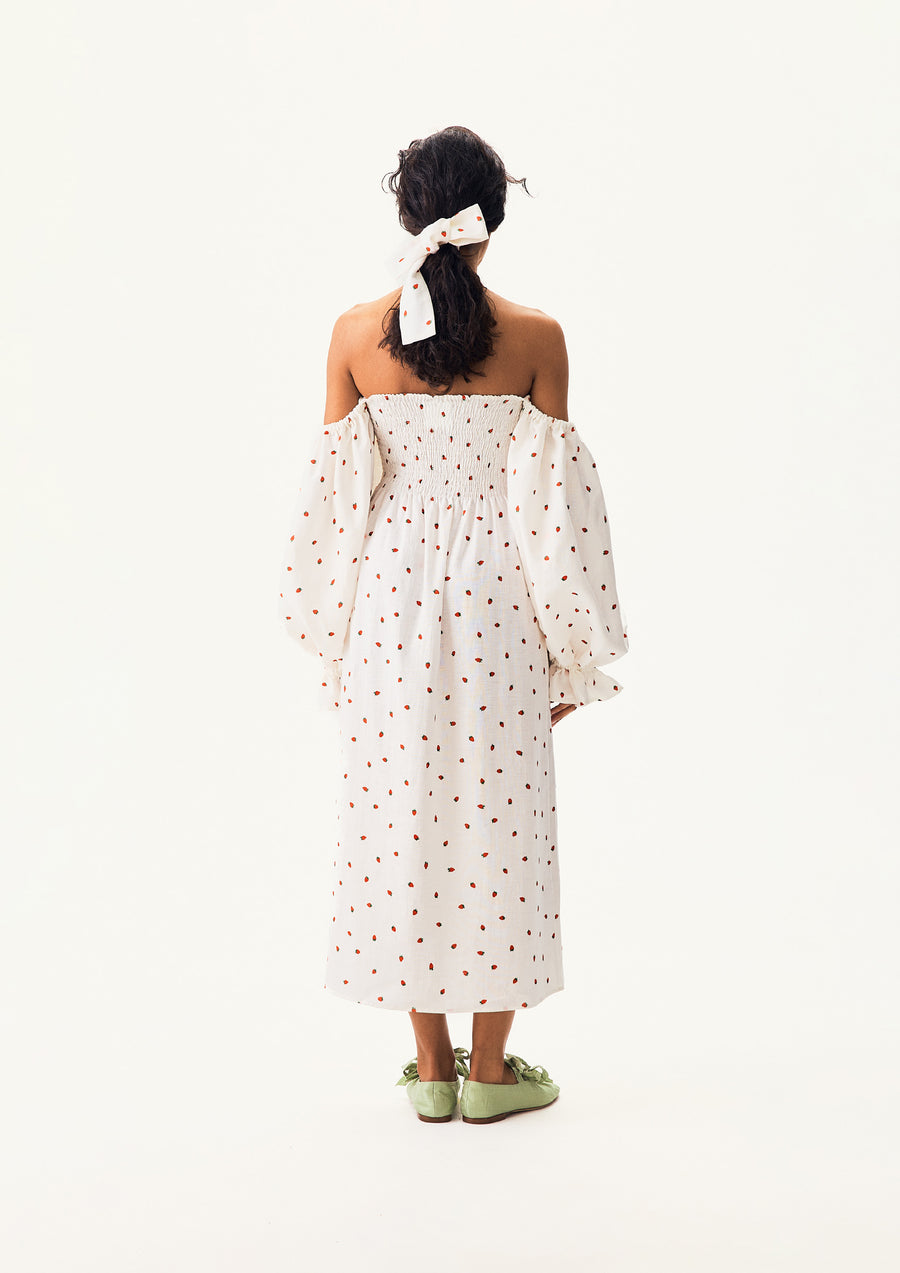 Atlanta Linen Dress with Hair Ribbon in Strawberries