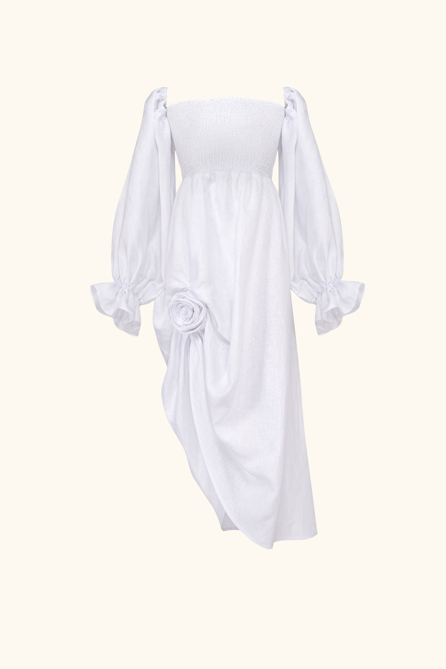 Atlanta Linen Dress with Rose Detail in White