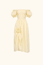 Belle Linen Dress with Rose in Yellow vichy