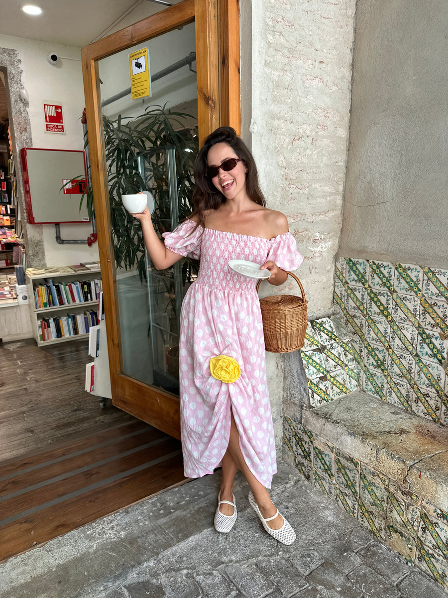 Belle Dress with Rose Detail in Pink Polka Dot