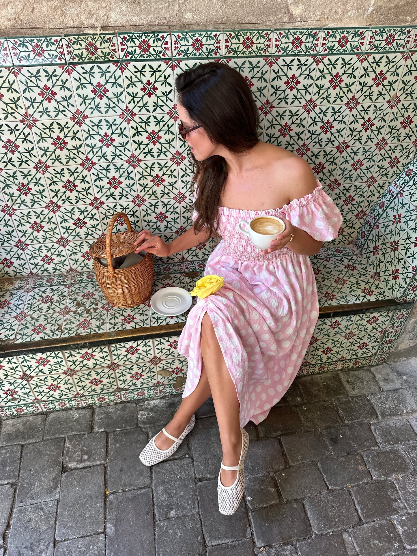 Belle Dress with Rose Detail in Pink Polka Dot