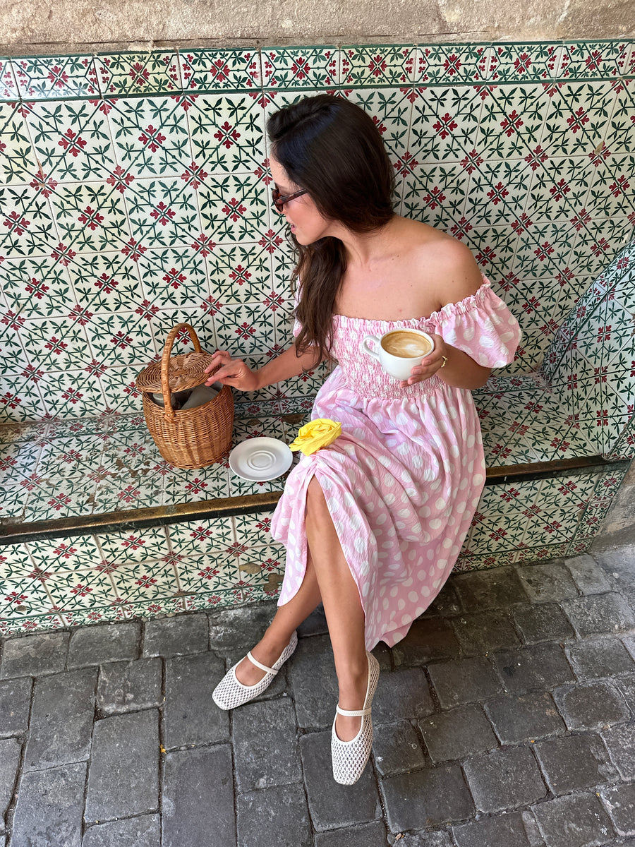 Belle Dress with Rose Detail in Pink Polka Dot