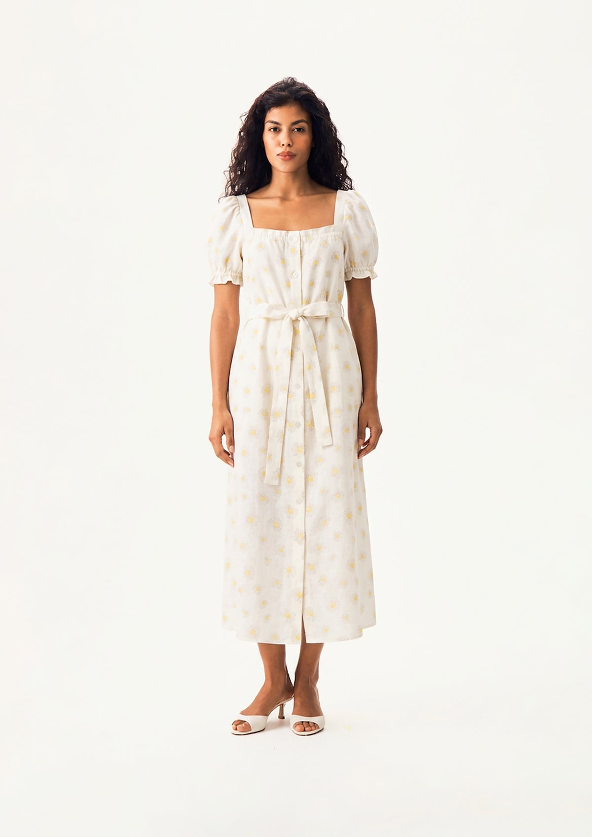 Brigitte Linen Midi Dress in Daisies
