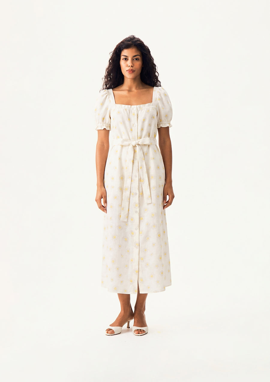Brigitte Linen Midi Dress in Daisies