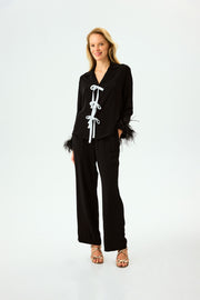 The Bow Pajama Set with Detachable Feathers in Black