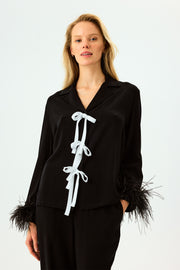 The Bow Pajama Set with Detachable Feathers in Black