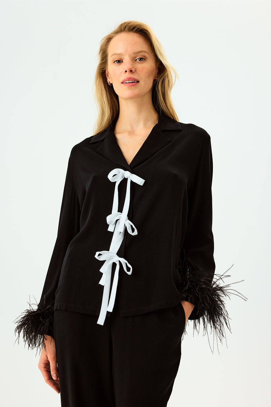 The Bow Pajama Set with Detachable Feathers in Black