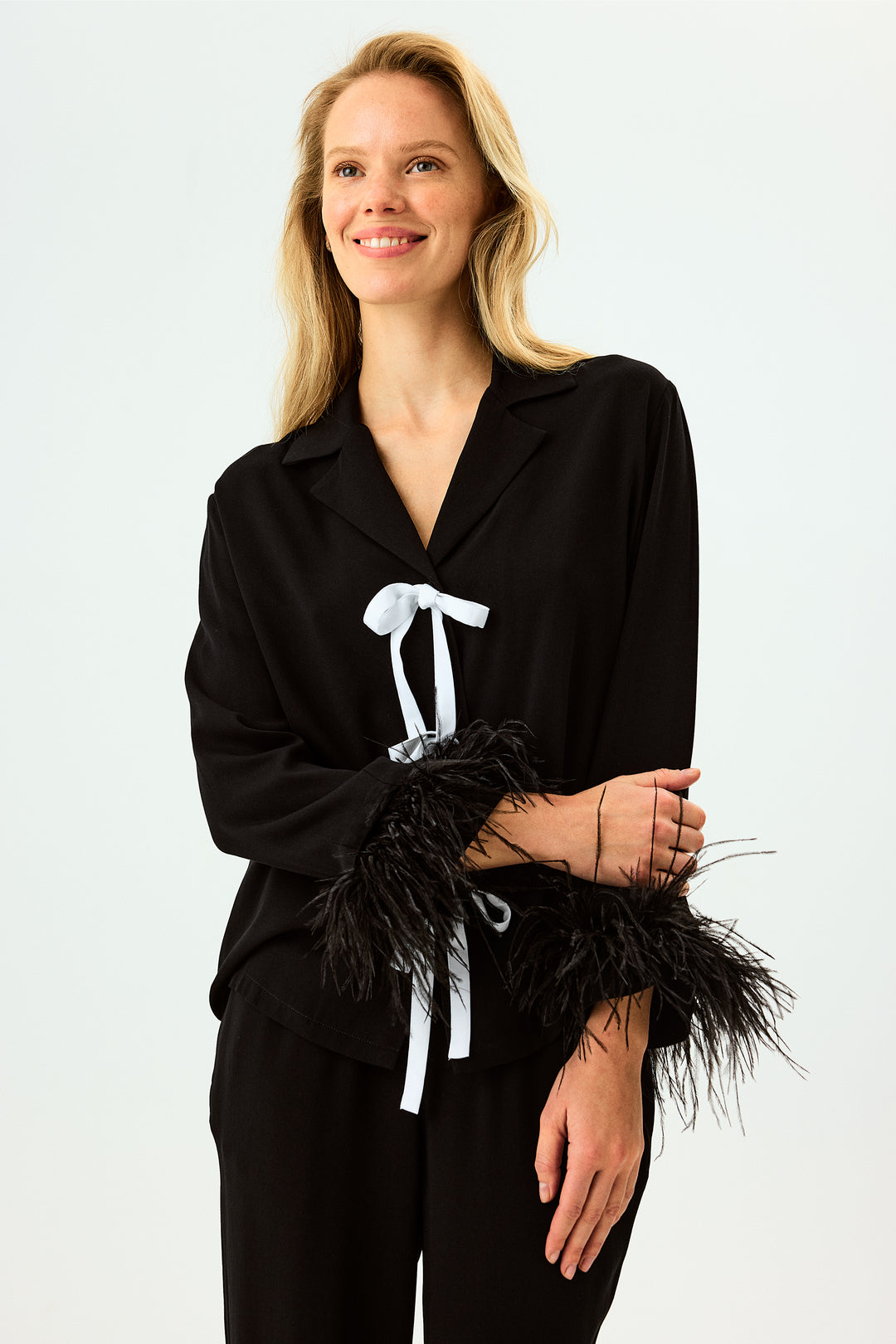 The Bow Pajama Set with Detachable Feathers in Black
