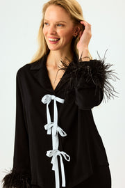 The Bow Pajama Set with Detachable Feathers in Black