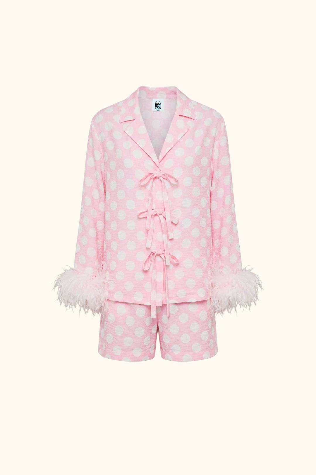 The Bow Set with shorts and Detachable Feathers in Pink and white polka dot