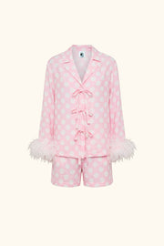 The Bow Set with shorts and Detachable Feathers in Pink and white polka dot
