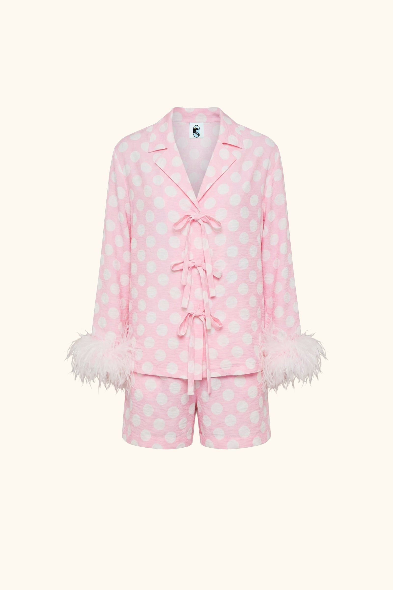 The Bow Set with shorts and Detachable Feathers in Pink and white polka dot