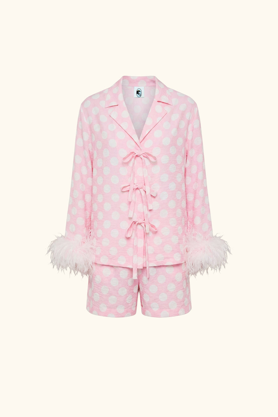 The Bow Set with shorts and Detachable Feathers in Pink and white polka dot