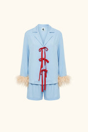 The Bow Set with shorts in Blue with Detachable Feathers in Beige