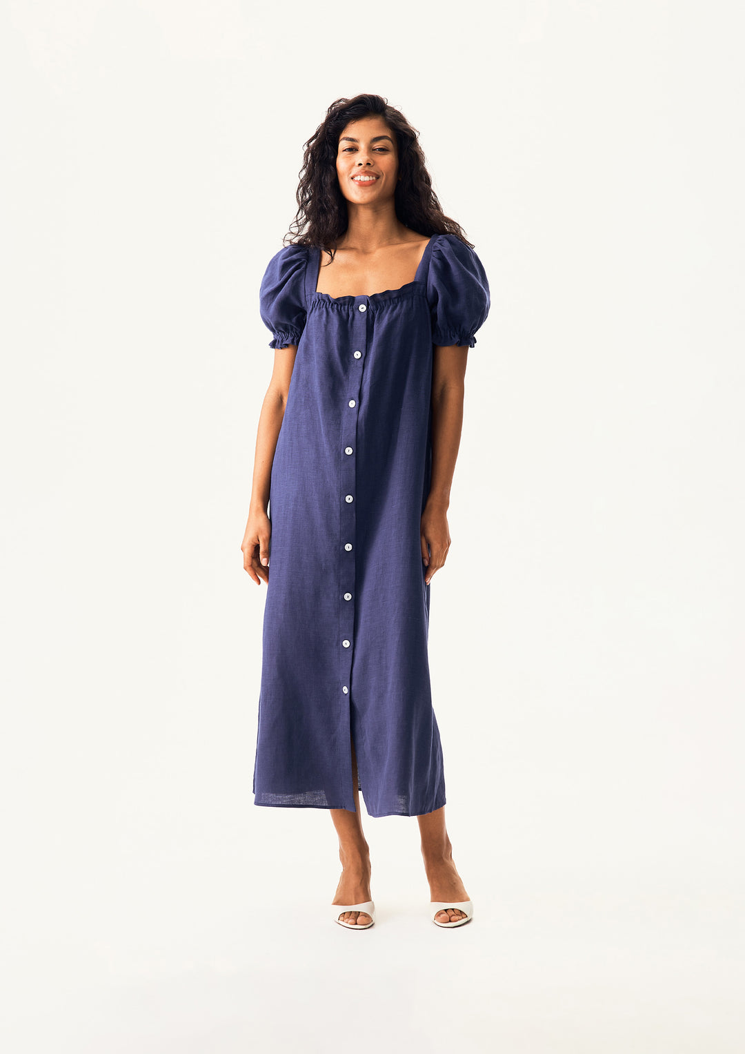 Brigitte Linen Midi Dress in Navy Navy / L