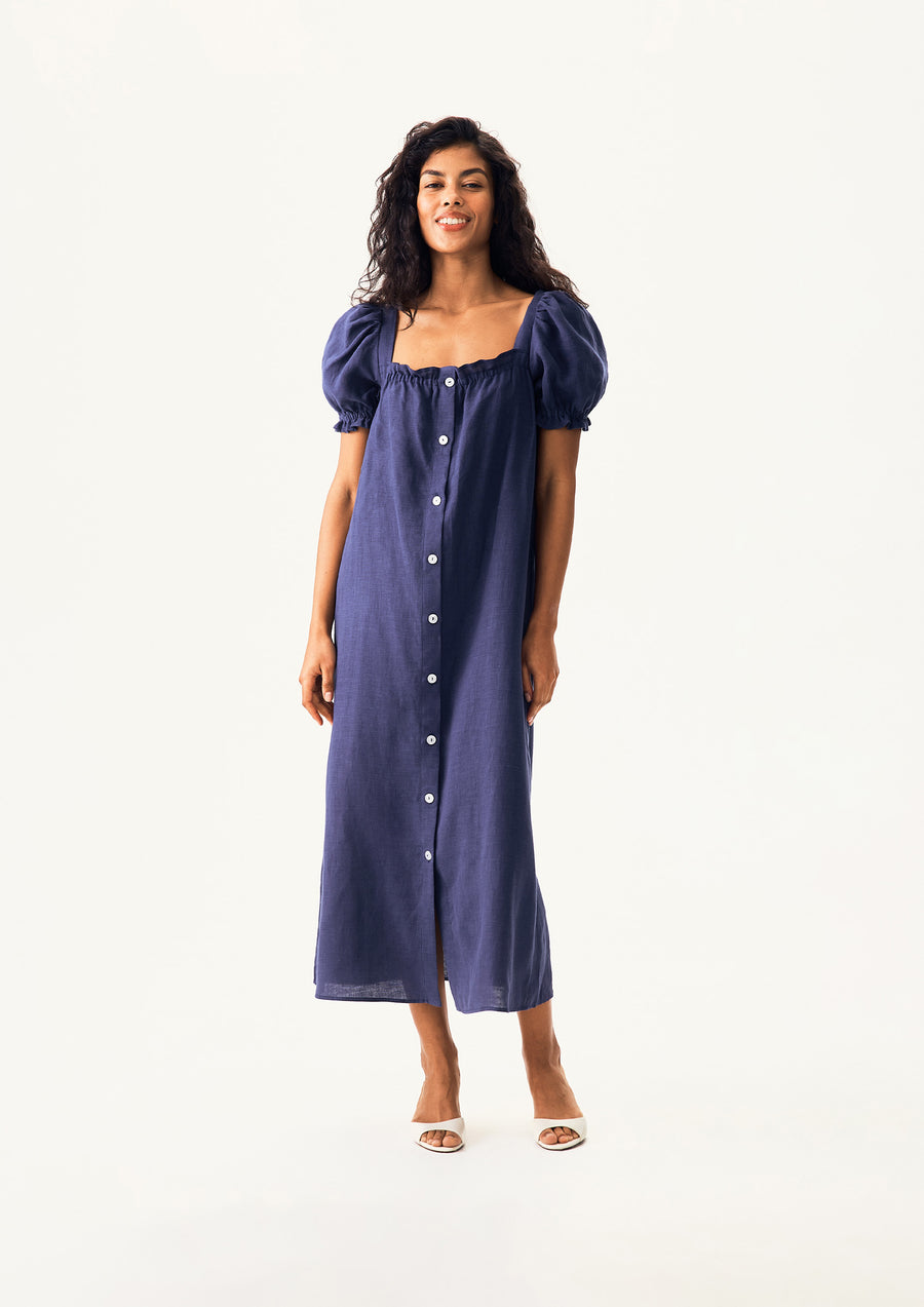 Brigitte Linen Midi Dress in Navy