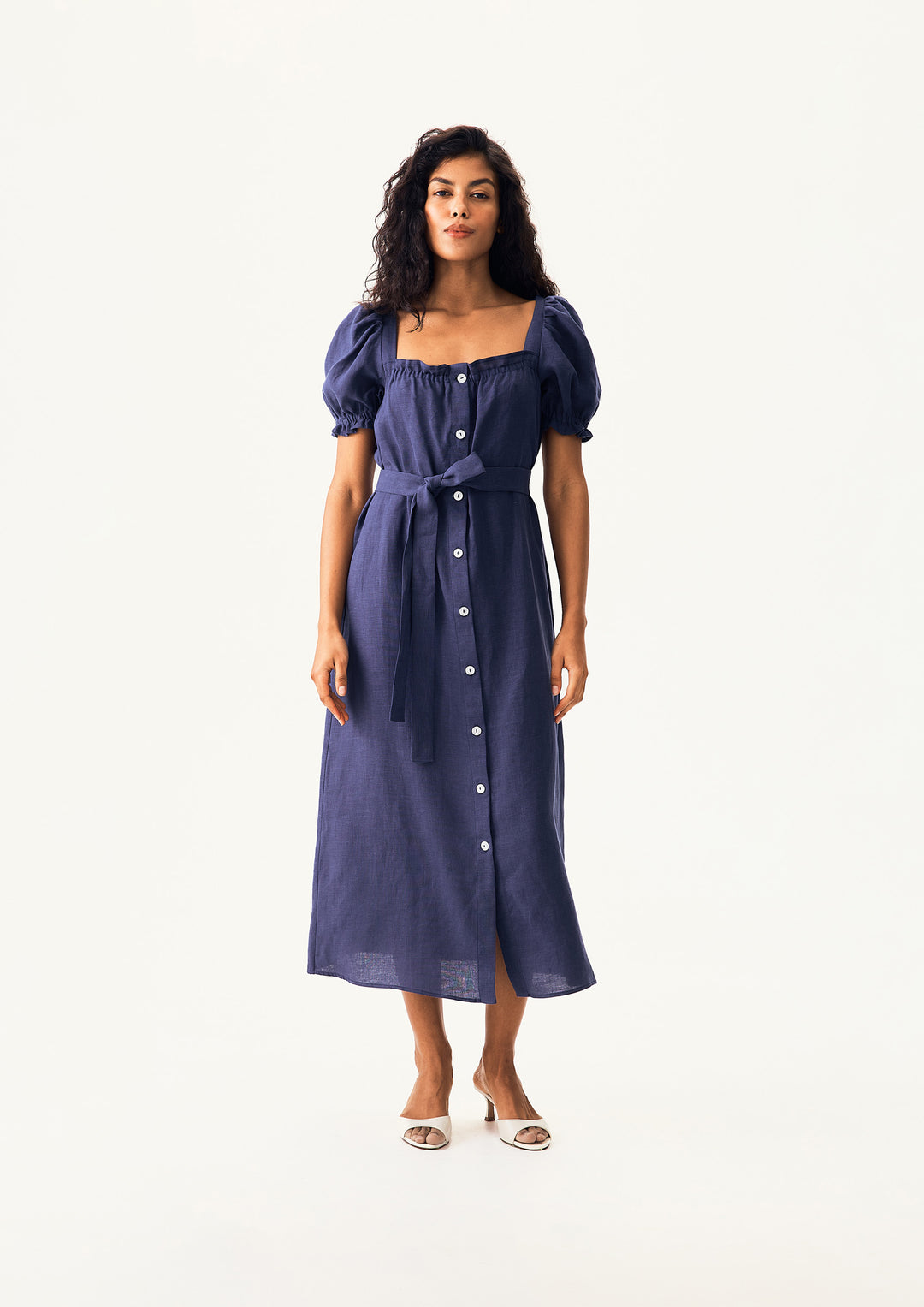 Brigitte Linen Midi Dress in Navy