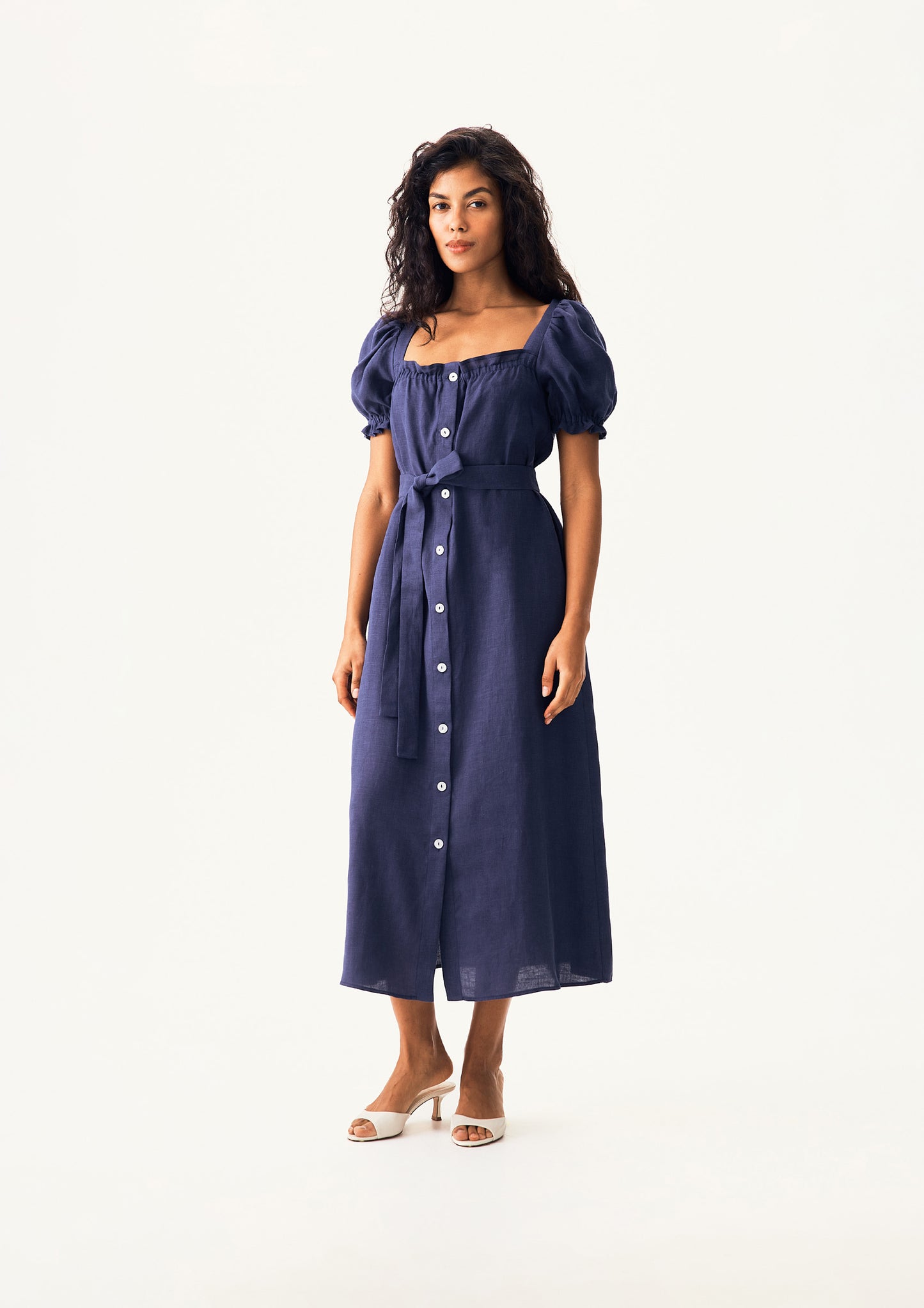 Brigitte Linen Midi Dress in Navy