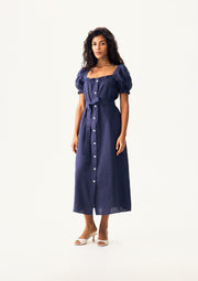 Brigitte Linen Midi Dress in Navy