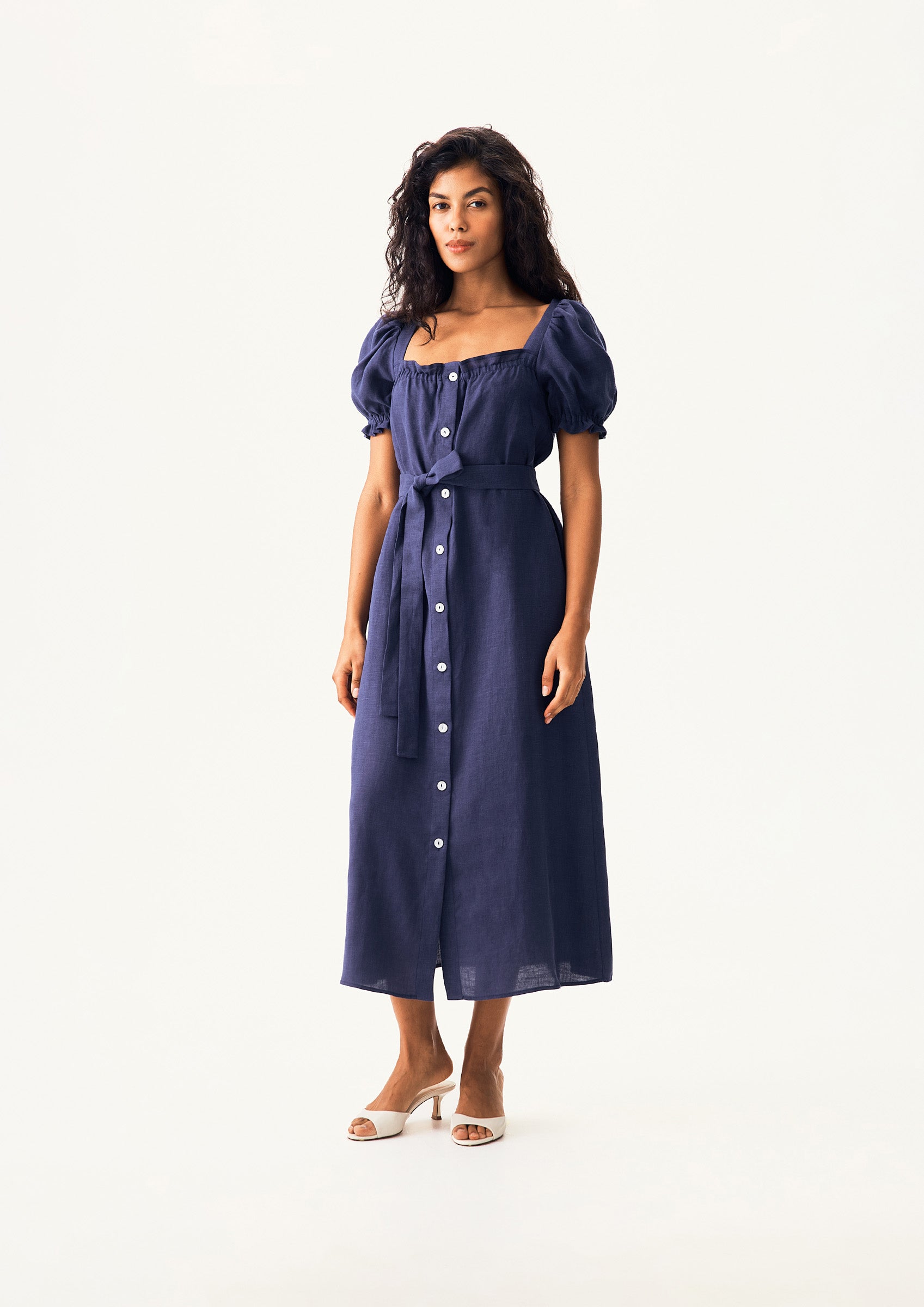 Brigitte Linen Midi Dress in Navy