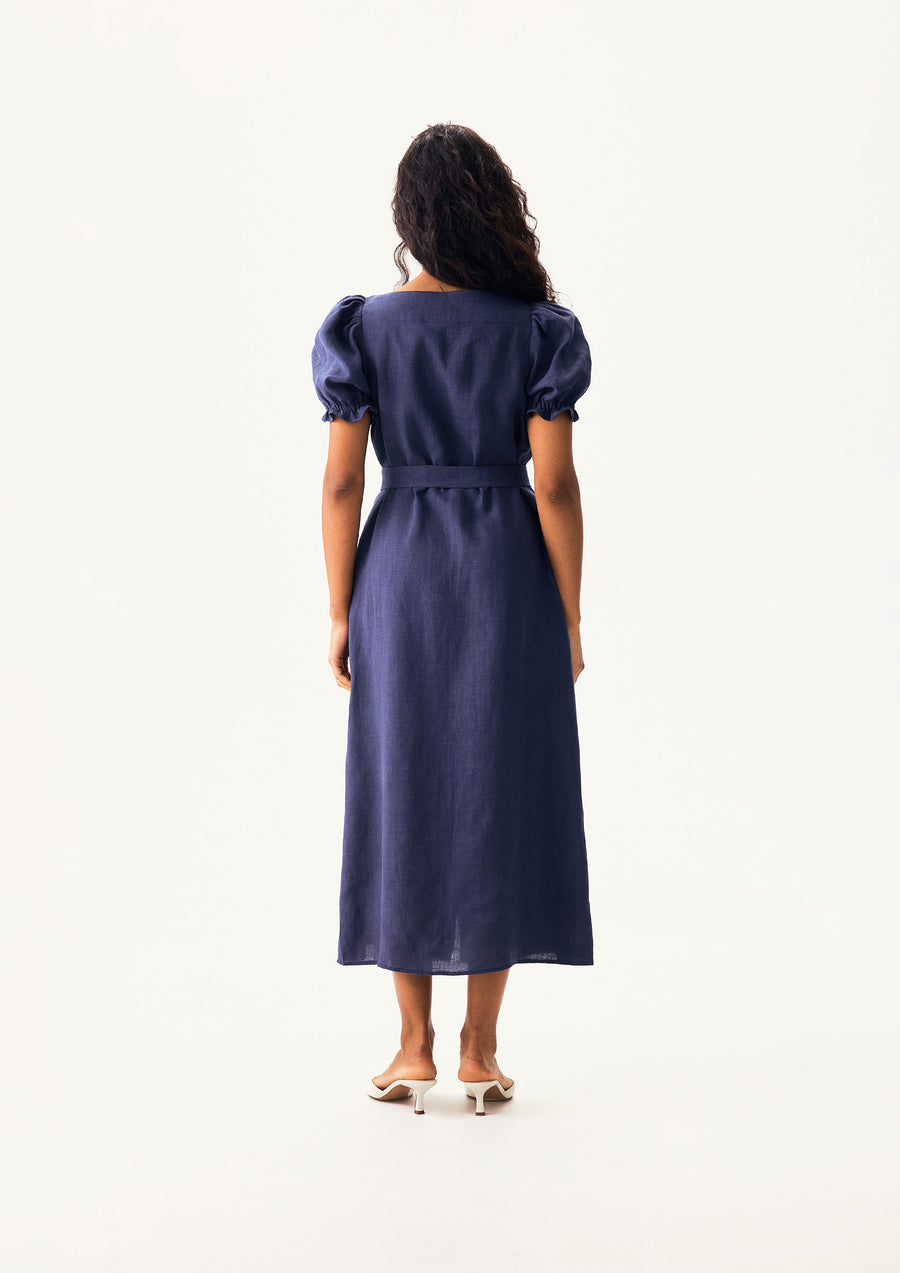 Brigitte Linen Midi Dress in Navy