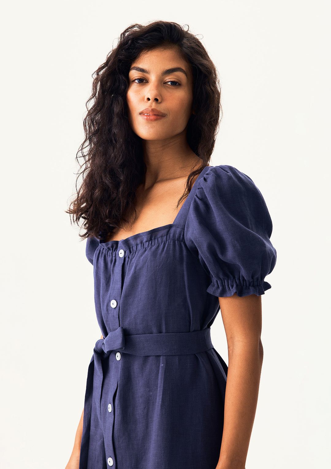 Brigitte Linen Midi Dress in Navy