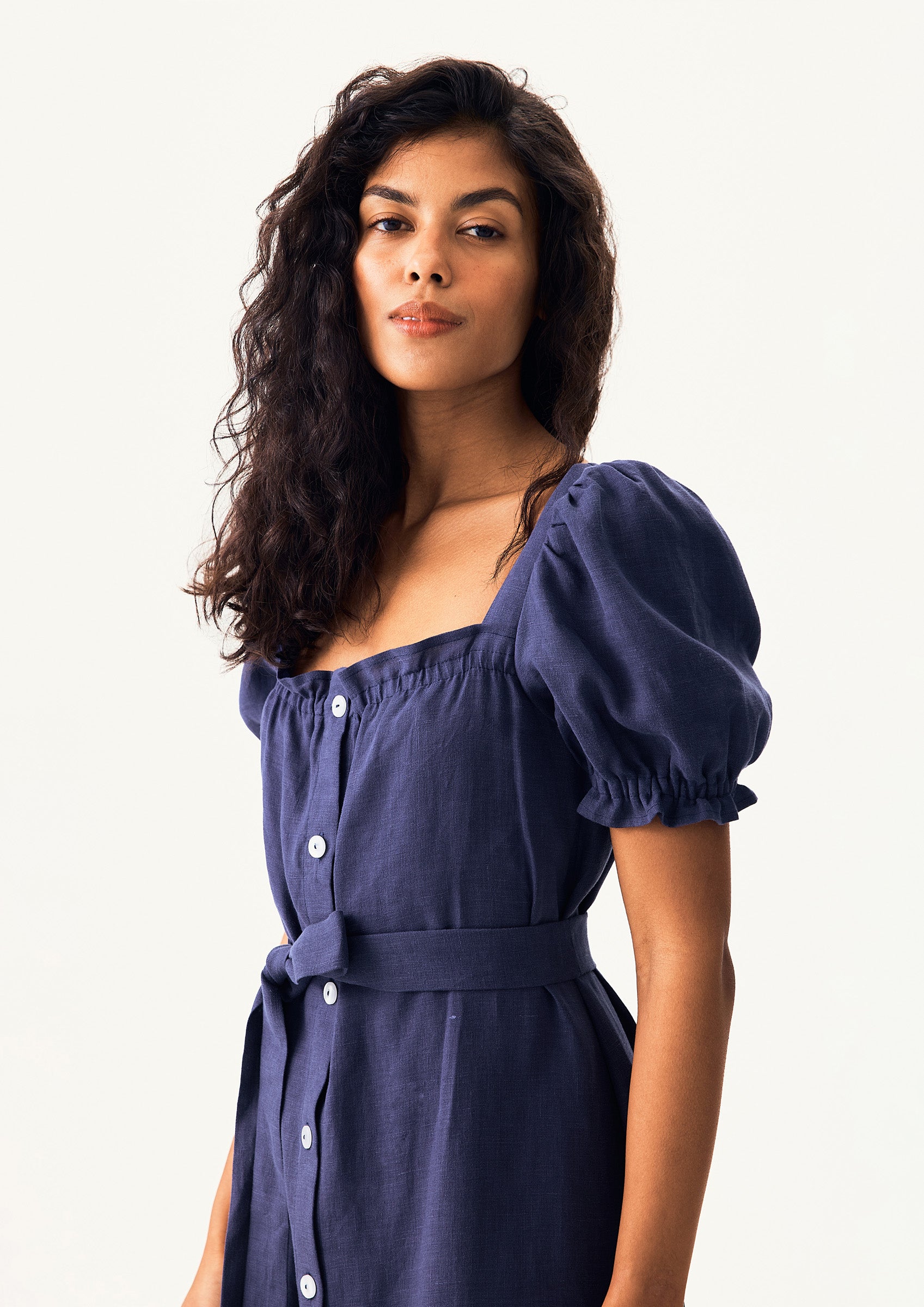 Brigitte Linen Midi Dress in Navy