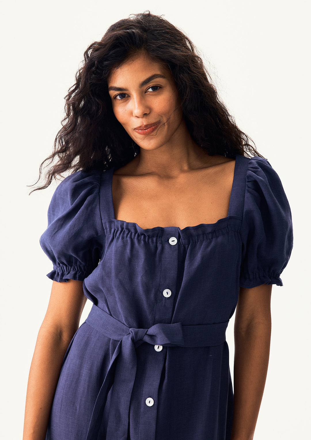 Brigitte Linen Midi Dress in Navy
