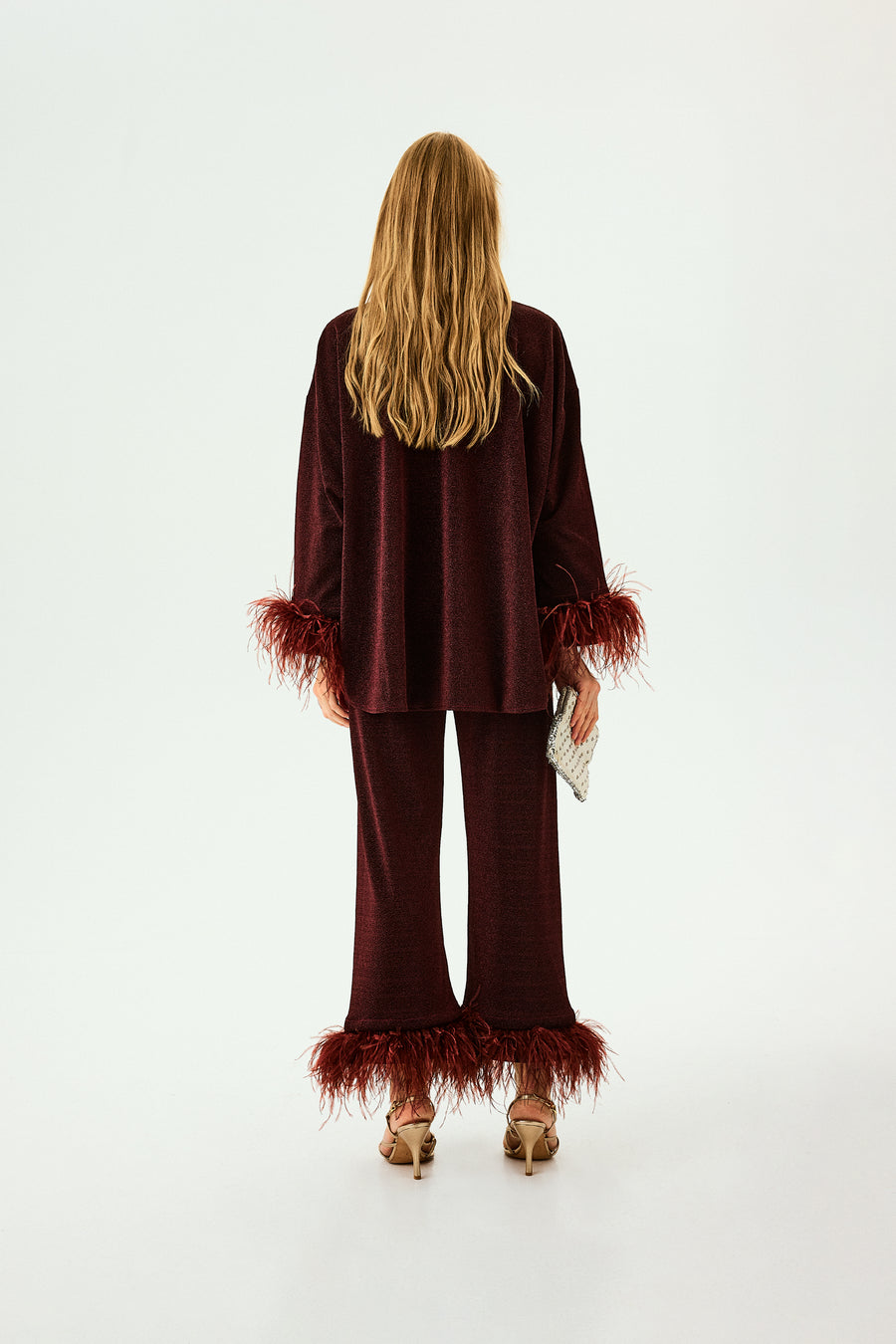Cosmos Oversized Lurex Pajama Set in Burgundy