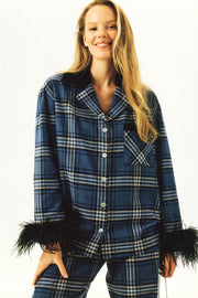 Checked Cotton-Flannel Set with Feathers in Navy Checkered