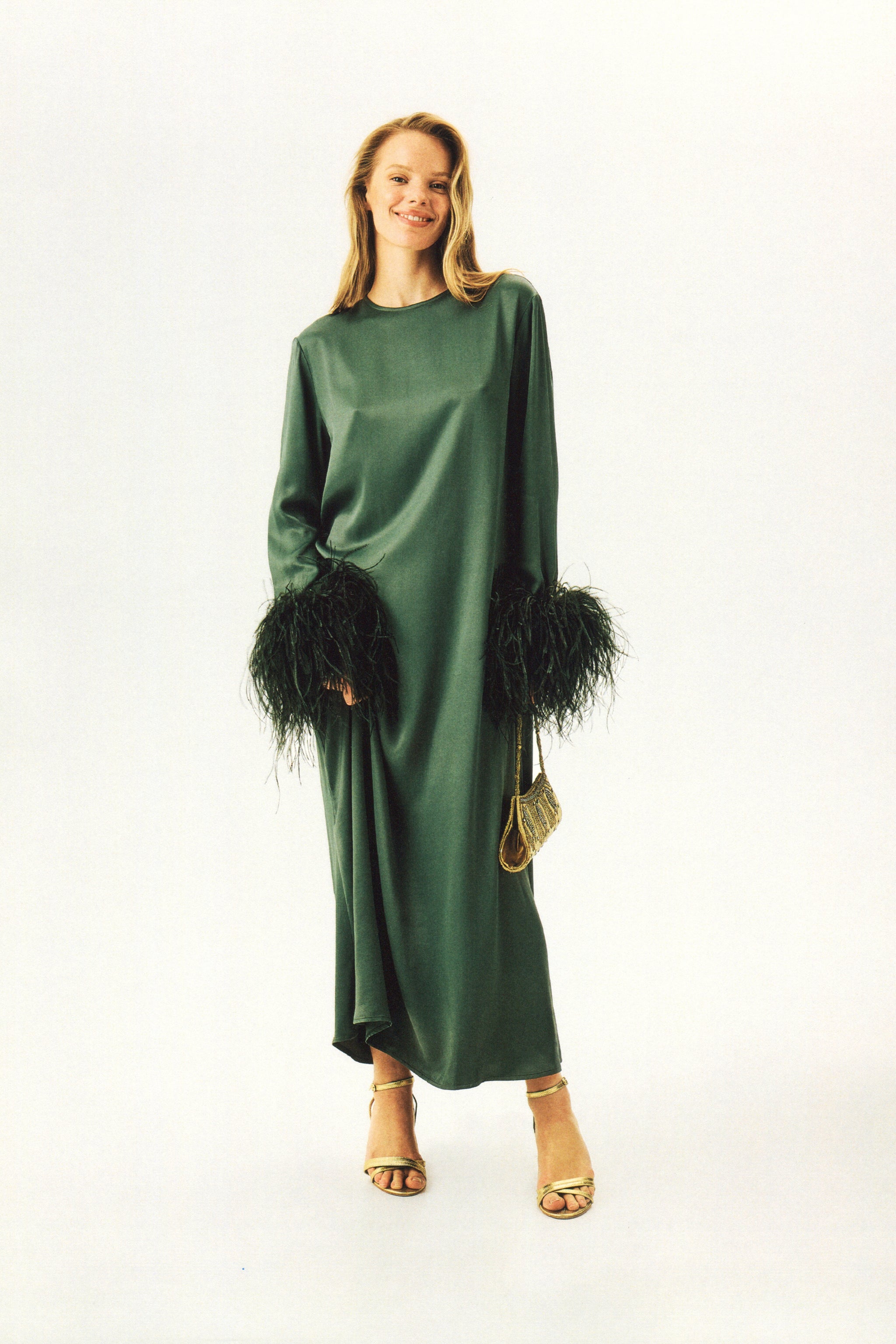Suzi Maxi Dress with Detachable Feathers in Green