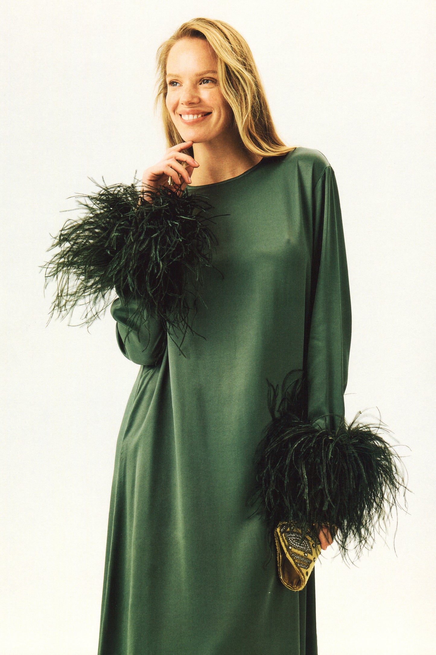 Suzi Maxi Dress with Detachable Feathers in Green