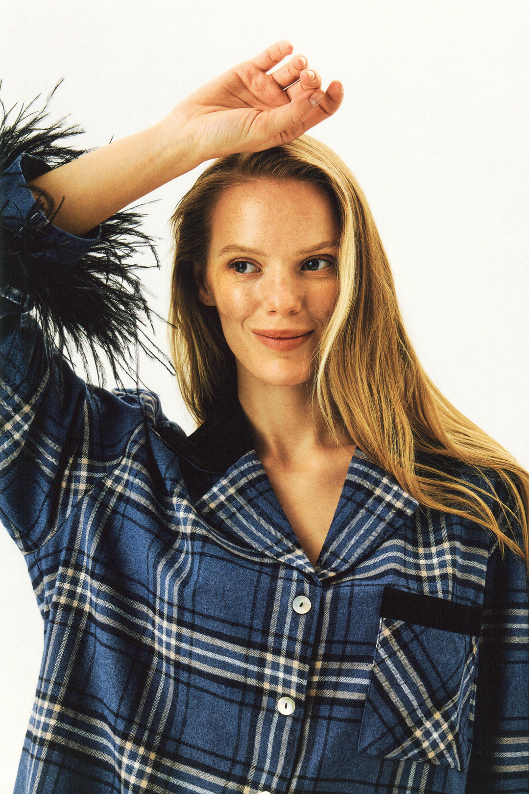 Checked Cotton-Flannel Set with Feathers in Navy Checkered