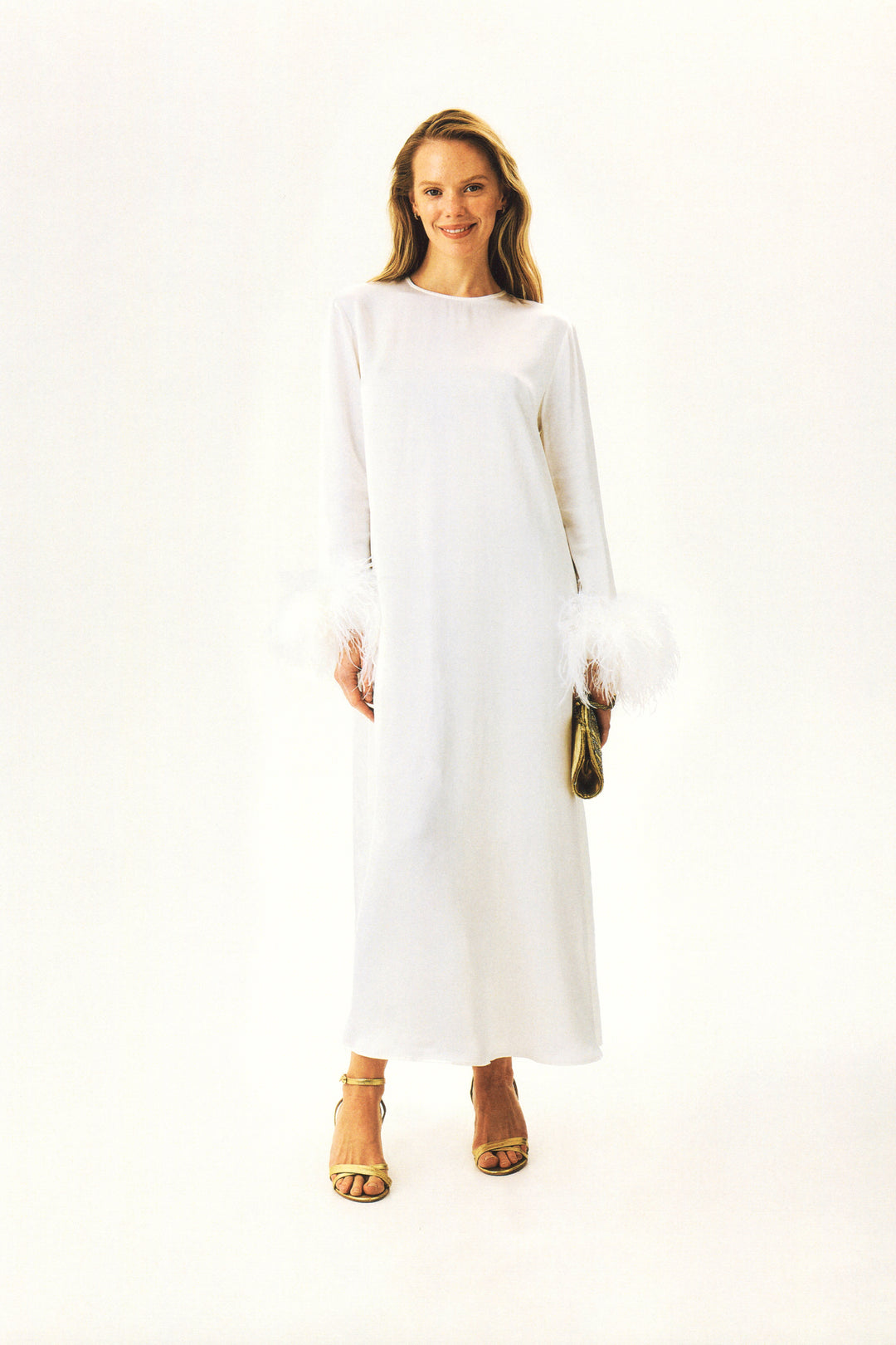 white dress with feathers long sleeve Feather Long Sleeve Off Shoulder Midi Dress White