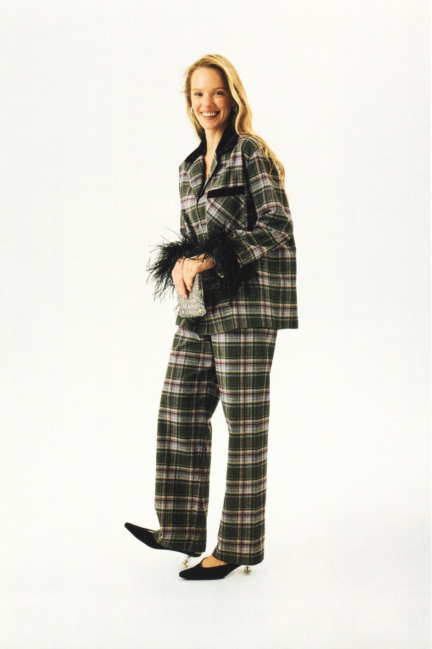 Checked Cotton-Flannel Set with Detachable Feathers in Jade