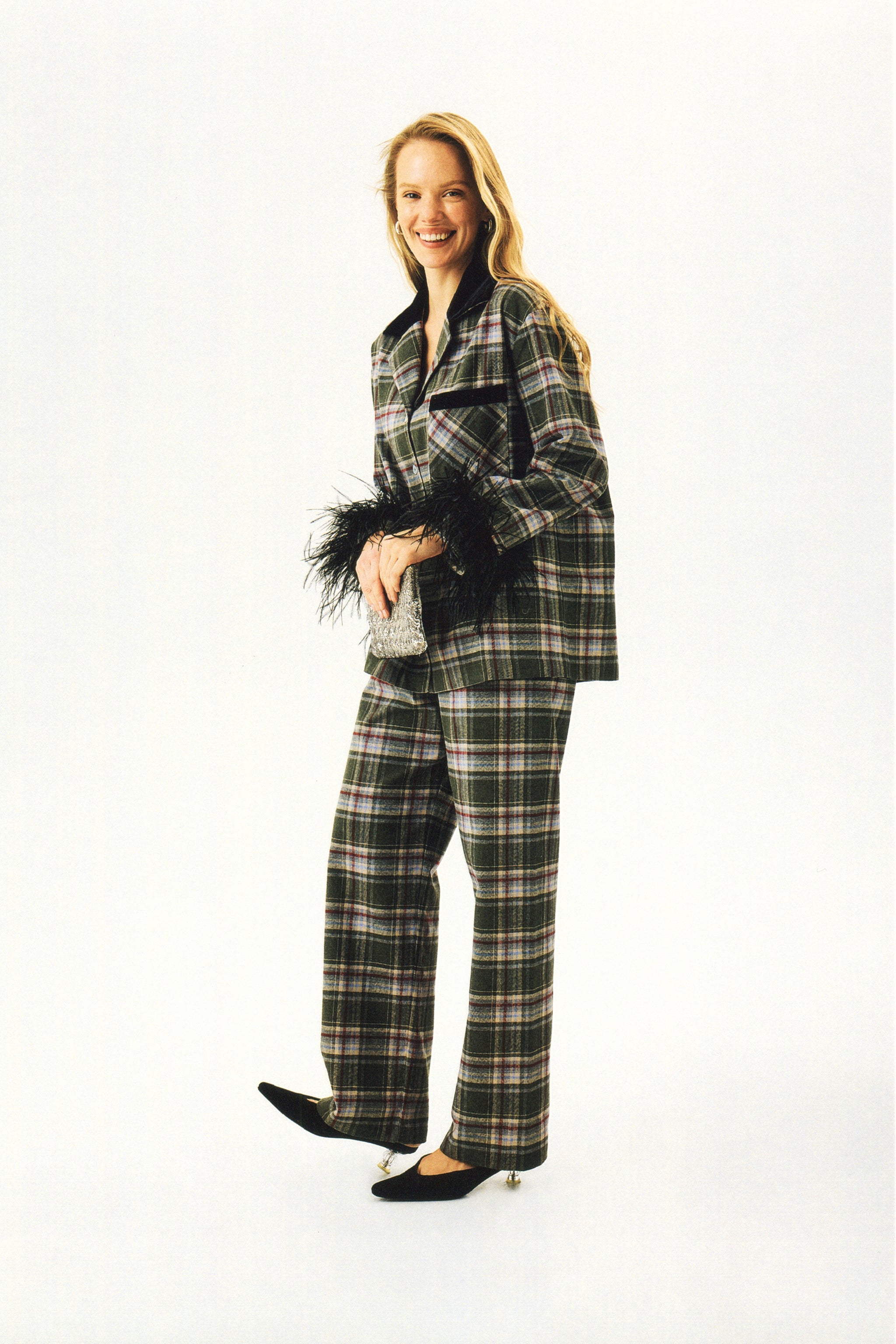 Checked Cotton-Flannel Set with Detachable Feathers in Jade